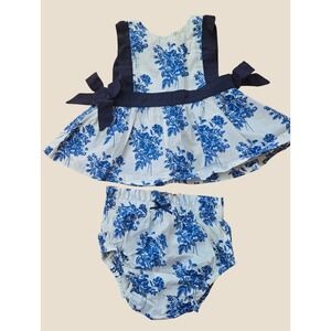 Pink Chicken New York Baby Girl Blue Floral Toile Top and Bloomers Set 3-6M